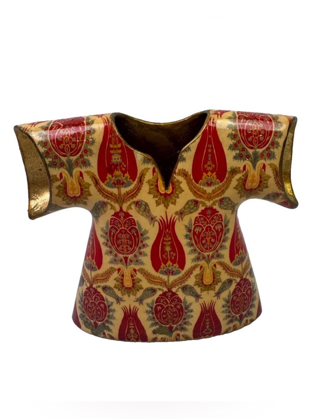 Cansucam Turkish Ottoman Kaftan Vase Red Tulip Pomegranate Gold Ceramic 5” XS